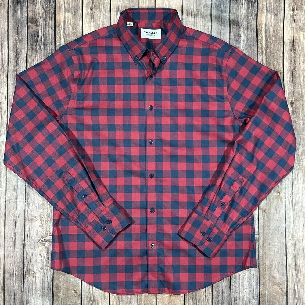 Twillory Untuckable Long Sleeve Button Shirt Mens M-L Tailored Red Blue Plaid